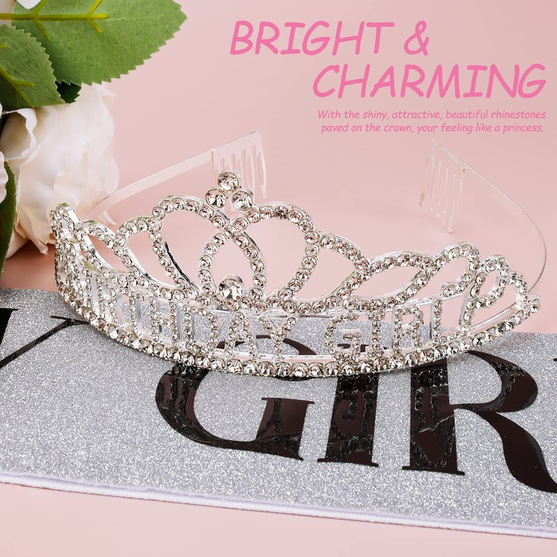 CIEHER Birthday Girl Crown and Birthday Sash Silver Birthday Tiara