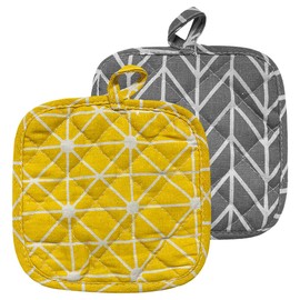 HAIKING Pot Holder, 2 PCS Square Cotton Terry Kitchen Hot Pad Potholder Set for Kitchen, Restaurant, Cooking, Baking (Gray, Yellow)