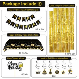 Black and Gold 19th Birthday Decorations for Men Women, Gold Party Decorations include Happy Birthday Banner, Tablecloth, Fringe Curtains, Star Foil Balloons for 19th Birthday Decorations