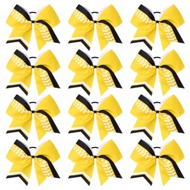 DEEKA 12 PCS Softball Cheer Bows 8" Thread Large Cheerleader Hair Bows Ponytail Holder Handmade for Teen Girls Sports -Yellow/Black/White