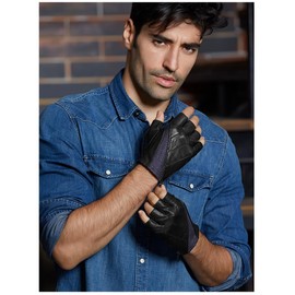 FIORETTO Mens Fingerless Leather Driving Gloves – Genuine Sheepskin Half Finger Motorcycle Gloves, Unlined Black-blue Large