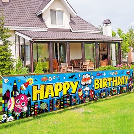DPKOW Hero Happy Birthday Banner for Boys Kids, Long Fabric Hero Themed Indoor Outdoor Birthday Party Decoration, 260 * 40cm
