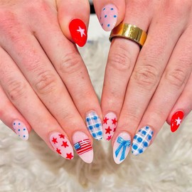4th of July Press on Nails-Medium Almond Fake Nails Red White and Blue False Nails Star Polka Dot Design Independence Day Full Cover Glossy Stick on Nails for Women 24PCS