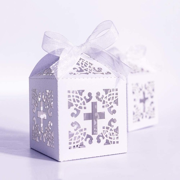 YOZATIA 50PCS Cross Favor Boxes, 2.2 x 2.2 x 2.2 Inches Baptism Favor Boxes with 50 Ribbons, for Party Birthday Christening Favor(Cross)