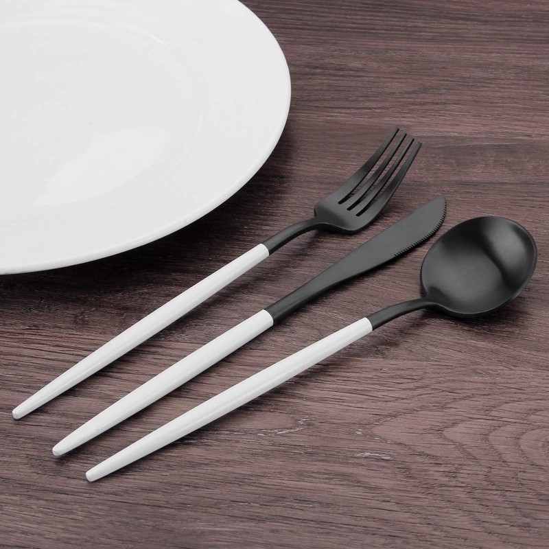Matte Black Silverware Set with white handle, Bysta 5-Piece Stainless