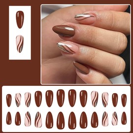 Brown Almond Press on Nails Glitter French Tip Fake Nails Natural Medium Length Glue on Nails Summer Fall Acrylic False Nails Cute Swirls Glue on Nails Reusable Almond Nail for Women 24Pcs