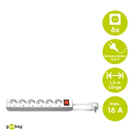 Goobay 51288 Power Strip with Switch / Multiple Socket Strip with 6 Sockets / Protective Contact Sockets / Touch Protection / 3500 W / 16 A / 230 V / Cable Length 1.5 m