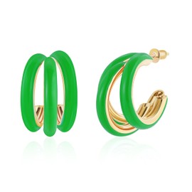 Gold Chunky Triple Hoop Earrings, Thick Three Open Hoop Earrings for Women Trendy Jewelry Gifts (Green)