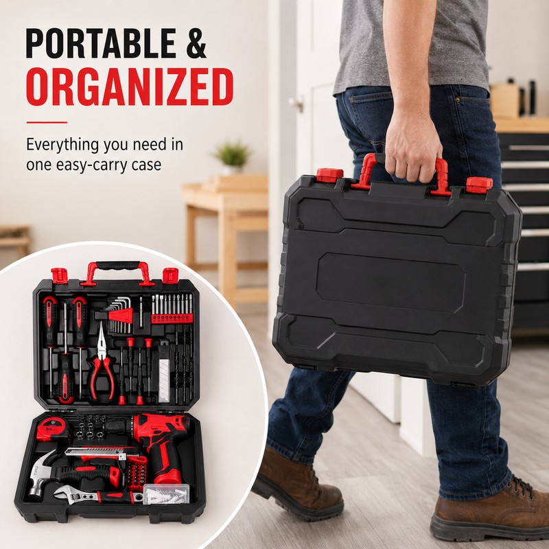 126-Piece Home Tool Kit with 8V Cordless Drill – Rechargeable