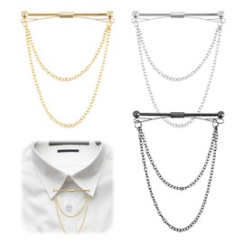 Amexo 3 Pieces Tie Collar Pin Collar Bar Pins Collar Bar with Chain Tie Pin Clip with Chain Men's Collar Clip Set with Chain Style Pin Chain for Valentine's Day Party Date Wedding, Iron, No Gemstone