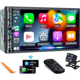 Upgrade Wireless Double Din Car Stereo with Carplay, Android Auto, Bluetooth, 4-Channel RCA, High Power, 2 Subwoofer Ports, 7" HD Capacitive Touchscreen Car Radio, Backup Camera, Audio Receiver
