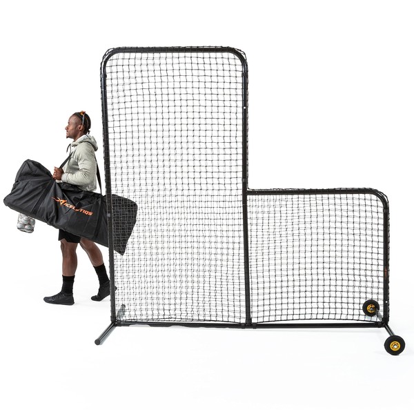 L Screen Baseball for Batting Cage | Baseball Pitching Net with Wheels-7 feet by 7 feet, 3.5 Inch by 3.5 Inch Cutout, Body Protector for Back Drive Lines Beisbol