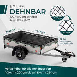 CargoVA® Intelligent Trailer Net Stretchy 1 x 2 to 2 x 3 m - Elastic Hanging Net Black with Rubber Cord, 8 Hooks and Corner Marking - for Perfect Load Securing