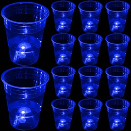 mishunyus Glow in The Dark Blue Party Cups 24 Pack (16 oz) - LED Light Up Plastic Cups for Birthday Weddings BBQ Beach Holiday Decorations, Reusable Drinking Cups for Club Events & Nighttime