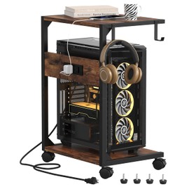 Akxomel 2 Tier Computer Tower Stand with Charging Station, 11.8" D x 16.5" W Rolling Floor PC Tower Stand Fits Under Desk, CPU Holder Cart for Carpet with Hooks, C Shaped End Table for Home Office