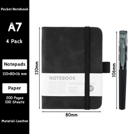 Mulaibdin 4 Pack Pocket Notebook, A7 Notebooks with Pen, Small Journal Leather Notepads Hardcover Mini Cute Notebooks Holder Page Marker Ribbons for School Office Memos Supplies 4.3” x 3.2” 200 Page