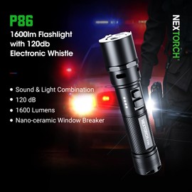 NEXTORCH P86 Rechargeable Flashlight, 1600 Lumen Tactical Flashlight with Electronic Whistle & Ceramic Bead Broken Window for Traffic Duty, Road Command, Outdoor Emergency Response, Prison Management