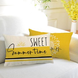 7COLORROOM 2Pack Summer Lumbar Pillow Covers Yellow Floral Sunflower Rectangular/Waist Cushion Cover You are My Sunshine Farmhouse Sweet Summer time Home Decor Pillowcases 12”×20”for Sofa Patio Couch