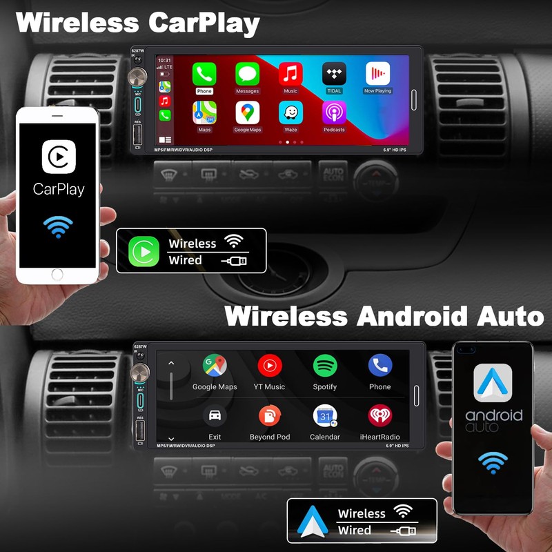 Alondy Single Din Car Stereo Touchscreen (6.9") Compatible with Apple
