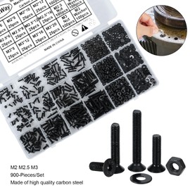 FandWay M2 M2.5 M3 Screws Set, 900 Pieces Countersunk Screws with Hexagon Socket Threaded Screws, Hex Screws Flat Head Screws Black Machine Screws Nuts and Washers Kit