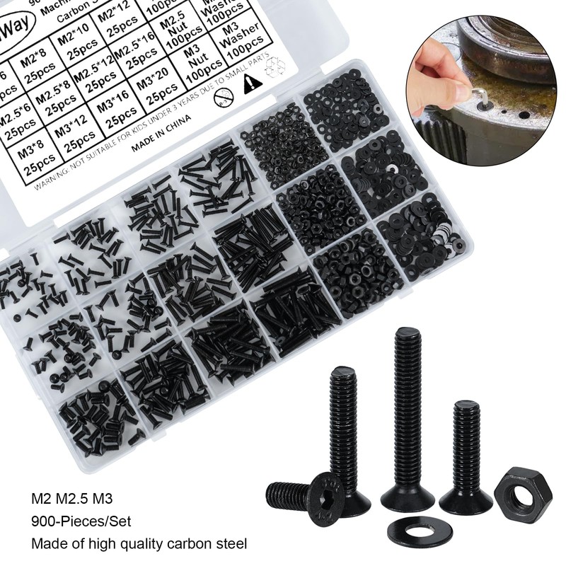FandWay M2 M2.5 M3 Screws Set, 900 Pieces Countersunk Screws