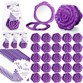 Wenqik 30 Sets Quinceanera Party Favors for Guests Rose Design Compact Pocket Mirrors Quinceanera Cards Thank You Gift and Organza Bags Sweet 15 Mis Quince Birthday Party Favor (Purple)