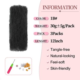 12 Inch Afro Kinky Curly Braiding Hair Bulk for Dreadlock Extensions 3 Packs Black Marley Twist Hair Bulk for Mini Twist Repair Locs Spring Afro Twist Hair Bulk, 30 g/Pack (1B, 12 Inches)