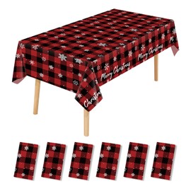 JHDZDHY 6 Pack Christmas Snowflake Tablecloth Disposable Christmas Plastic Tablecloth Table Cover for Christmas Party Decoration Supplies 54 x 108 Inches (Red Checkered Snowflake)