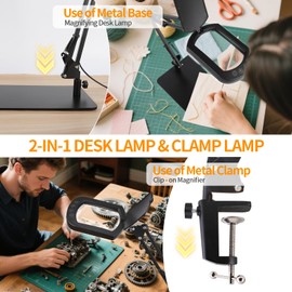 Magnifying Glass with Light 10X: 5 Color Modes Stepless Dimmable Real Glass LED Lighted Magnifier Lamp Stand - Hands Free Magnifying Glasses Desk Lamp for Reading Close Work Painting Craft Hobby