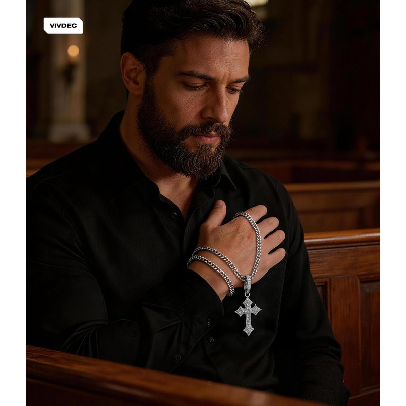 VIVDECIced Out Cross Necklace for Men, Full 5A Zircon Max