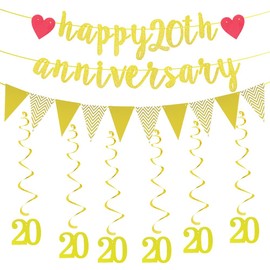 Happy 20th Anniversary Letter Banner bunting Triangle Banner Flag Hanging Swirls Streamers For 20th Birthday Anniversary 20th Wedding Anniversary 20th Graduation Party bunting Decoration