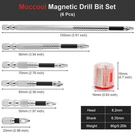 Moccool High-Magnetic Screwdriver Drill Bit Set, Strong Magnetic Durability Screwdriver Drill Bits, Non-Slip Anti-Shock Driver Bits 25 50 65 70 90 150mm (6Pcs) with 2 professional magnetizer