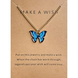 DEQIYIJI Cute Butterfly Pendant Necklace Jewelry Gifts For Women Dainty Stuff With Message Card Blue