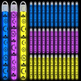 Libima 36 Set 8 Inch Ramadan Kareem Glow Sticks Necklaces with End Caps and Lanyards Bright Star Moon Lantern Glow in the Dark Sticks Hanging Wands for Eid al-fitr Party Favors Camping Supplies