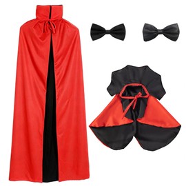4Pcs Vampire Family Halloween Costume Set, Matching Costume for Human & Medium and Large Dog Cat Cape Cloak for Devil Cosplay with Bow (47-Inch)
