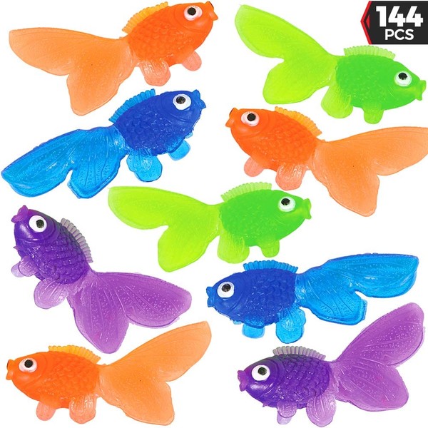 Plastic Vinyl Goldfish - 144 Pcs, 2 Inches Long Gold Fish Toys in Assorted Colors for Party Favors, Carnival Kids Prizes, Decorations, Crafts, Games and Birthday Party Supplies, Stocking Stuffers by Bedwina