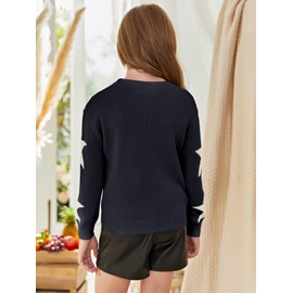 WDIRARA Girl's Star Pattern Round Neck Long Sleeve Sweater Casual Tops Pure Navy 11-12Y