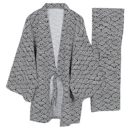 Men's Japanese Style Robes Pure Cotton Kimono Pajamas Suit Dressing Gown Set-#04
