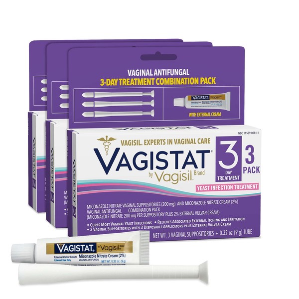 Vagistat 3 Day Yeast Infection Treatment for Women, Relieves External Itching and Irritation - 2% External Miconazole Nitrate Cream, 3 Disposable Suppositories & Applicators, by Vagisil (Pack of 3)