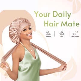 Satin Hair Bonnet for Sleeping Silky Head Cover with Tie Band Hair Wrap Satin Sleep Cap for Curly Long Braid Tresse, Champagne