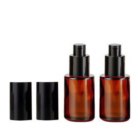 3Pcs 30ml 1oz Empty Amber Glass Lotion Pump Bottles Soap Dispensers Bottle Jar Refillable Cosmetics Toiletries Containers with Black Pump for Essential Oil Foundation Cream