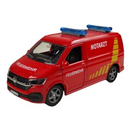 Kids Globe VW Transporter Fire Brigade with Trailer DE Die Cast Pull Back 27.5 cm, Toy for Children, 520321, Red