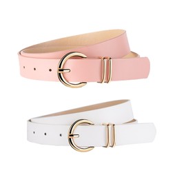2 Pack Belts for women, Soft Casual Girls's Leather Belts for Jeans Dresses, Fashion Ladies Waist Belt (White Pink)