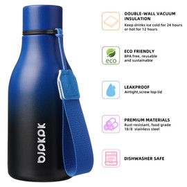 BJPKPK Insulated Water Bottles, 12oz Stainless Steel Metal Water Bottle with Strap, BPA Free Leak Proof Jugs, Mugs, Flasks, Reusable Thermal Flasks for Sports & Travel, Blue Black