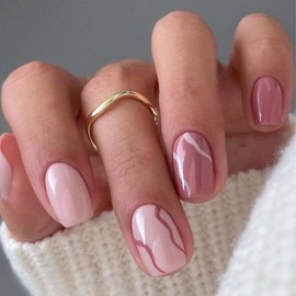 Short Press on Nails Square Fake Nails with Wave Design Pink Acrylic False Nails Full Cover Artificial Nails Glossy Glue on Nails Stick on Nails for Women Girls Manicure Decoration 24Pcs