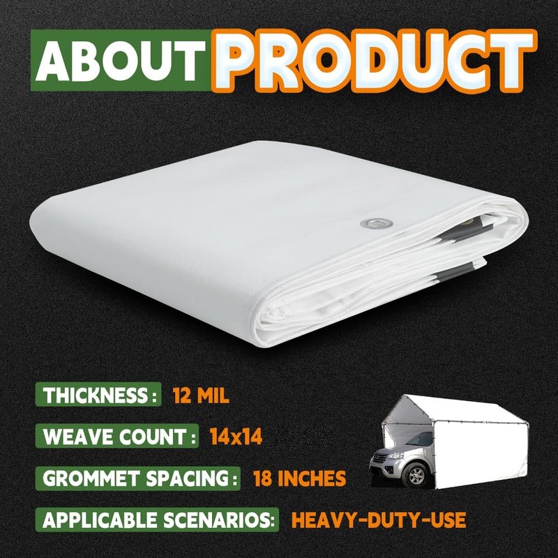 RAINDEWAY 12 Mil Heavy Duty White Tarp 10x15 Feet, UV