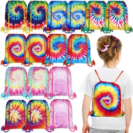 Sweetude 16 Pcs Tye Dye Party Favor Bags Tie Dyed Drawstring Backpack Gift Bag Candy Goodie Treat Bag Colorful Snacks Tote Bag Tie Dye Birthday Party Decor Supplies for Boys Girls Kids