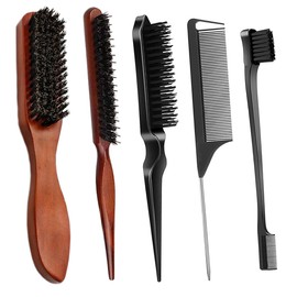 5 PCS Boar Bristle Slick Back Hair Brush Set Edge Control Brush Teasing Comb for Men Women Boar Bristle Smoothing Brushes Sleek Hair Brushes for Slicking Hair Beard (5PCS)