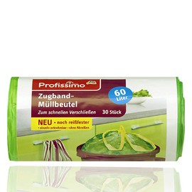 Zugband Müllbeutel - 60 Liter - (30 Stück) - Reißfest & Flüssigkeitsdicht - Einfach einzeln entnehmbar ohne abreißen