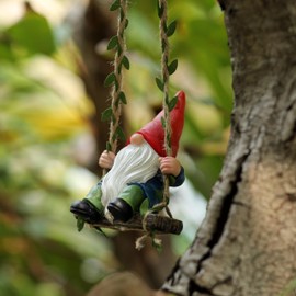 WSHMZYHOME Garden Gnome on Swing Decoration, Red Hat, White Beard, Blue Outfit, Outdoor Ornament